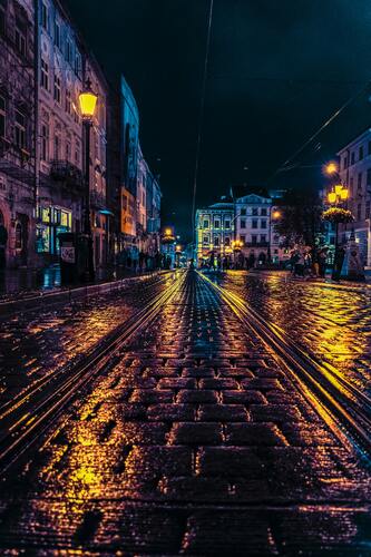 улица, каменная кладка, архитектура, булыжная мостовая, ночной город